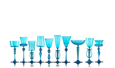 Michael Schunke goblets, hand blown glass, Venetian style stemware, made in America, colored glass, wine glasses, colorful cocktail vessels. Blue turquoise glass, murano style goblets, mistral kitchen glassware, aqua glass, colored glass