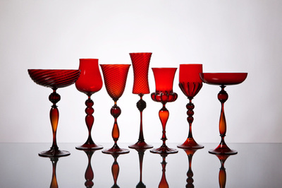 Michael Schunke goblets, hand blown glass, Venetian style stemware, made in America, colored glass, wine glasses, colorful cocktail vessels. Red glass.