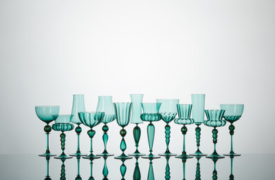 Michael Schunke goblets, hand blown glass, Venetian style stemware, made in America, colored glass, wine glasses, murano glass, seafoam glass, colorful cocktail vessels.