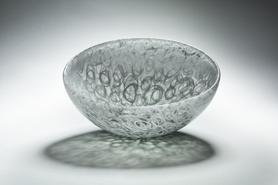 Michael Schunke and Josie Gluck, "Grey and White Spools," handblown glass sculptural vessel with glass pattern.