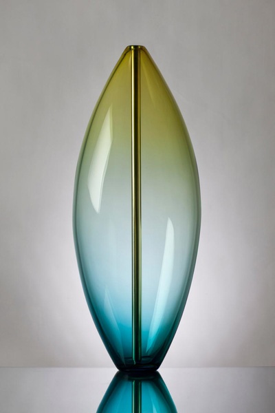 Michael Schunke, Rise Crucible, handblown glass sculpture with topaz blue color fade and polished brass core.