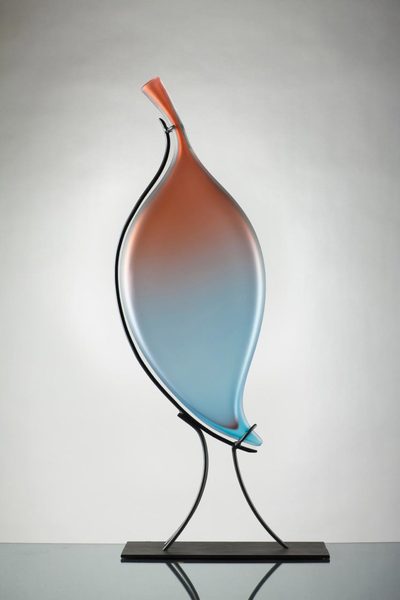Michael Schunke handblown glass sculpture. Glass leaf, glass colors, blue glass sculpture, studio glass, art glass.