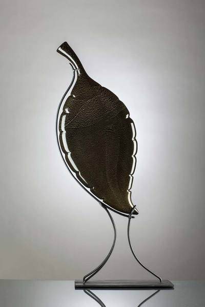 Michael Schunke handblown glass sculpture. Glass leaf, black glass, glass sculpture, metallic glass, studio glass, art glass. contemporary blown glass sculpture.