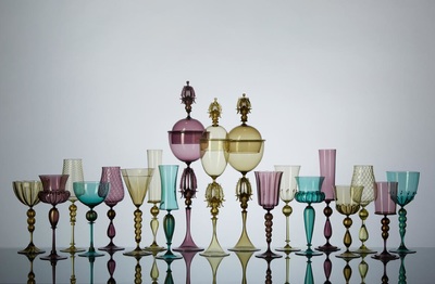 Michael Schunke goblets, hand blown glass, Venetian style stemware, made in America, colored glass, wine glasses, colorful cocktail vessels.