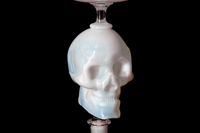 Sacrificial Vessel by Michael Schunke. Handblown glass skull goblet detail. Opaline white glass skull sculpture @thegobletninja
