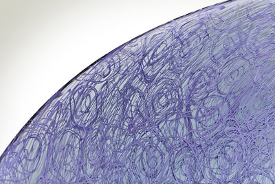 Josie Gluck, Michael Schunke, sculptural vessel with complex purple glass pattern. Colorful glass art, decorative vessels, vetro vero, contemporary blown glass