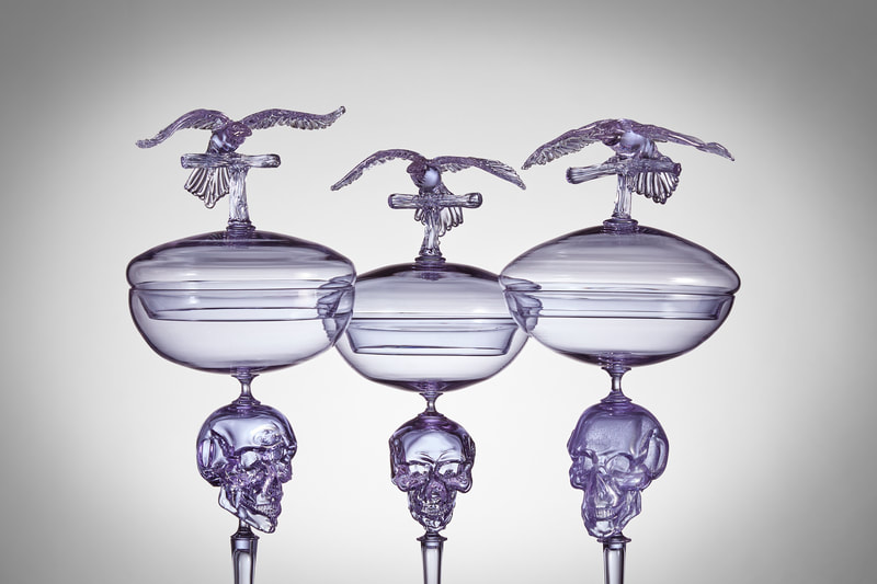 Michael Schunke, Sacrificial Vessels Trio, neodymium handblown glass