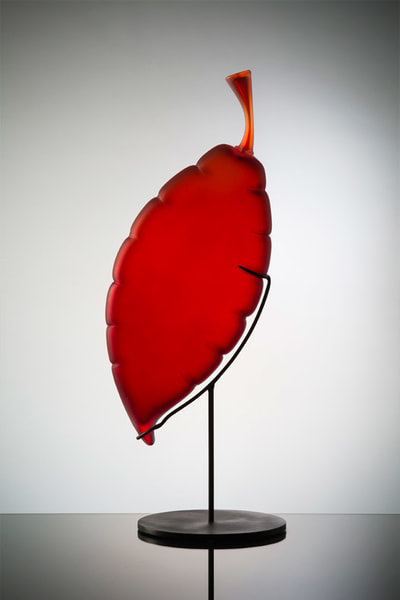 Michael Schunke handblown glass sculpture. Glass leaf, red glass, sandblasted glass leaves.